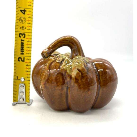 Greenbrier International Brown Ceramic Pumpkin Fall Autumn Thanksgiving 3.25"x3" - Picture 2 of 4